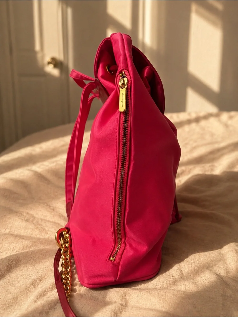 Valentino Garavani Fuchsia Drawstring Backpack with Gold-Tone Logo